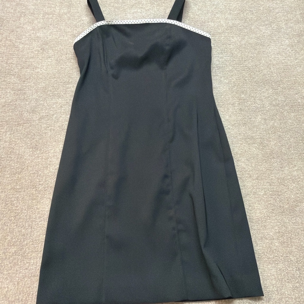 Black Mini Dress Size 12 Polka Dot Trim Sleeveless A-Line 0779